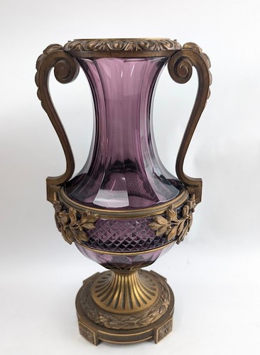 Antique Baccarat  Amethyst Cut Glass Bronze Mounted Vase marked Austria 11-3/4"