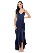 XSCAPE Women's Satin Fun Side Ruffle Makes for A Flattering Dress, Navy 8