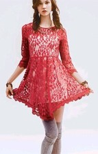 Free People XS Red Mesh Lace Illusion Short Dress sz 0 Cocktail Party Dress 