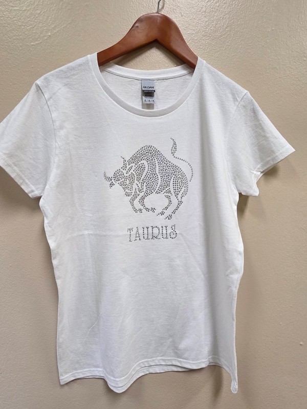 Taurus Zodiac Rhinestone T-Shirt Women's Medium White Astrology Tee - NEW