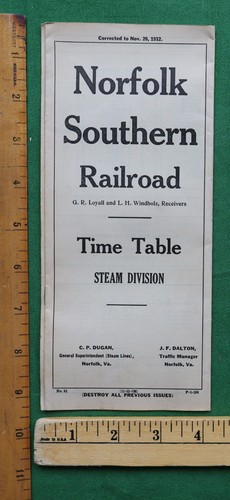 Norfolk Southern RR Public Timetable November 20 1932 - Picture 2 of 5