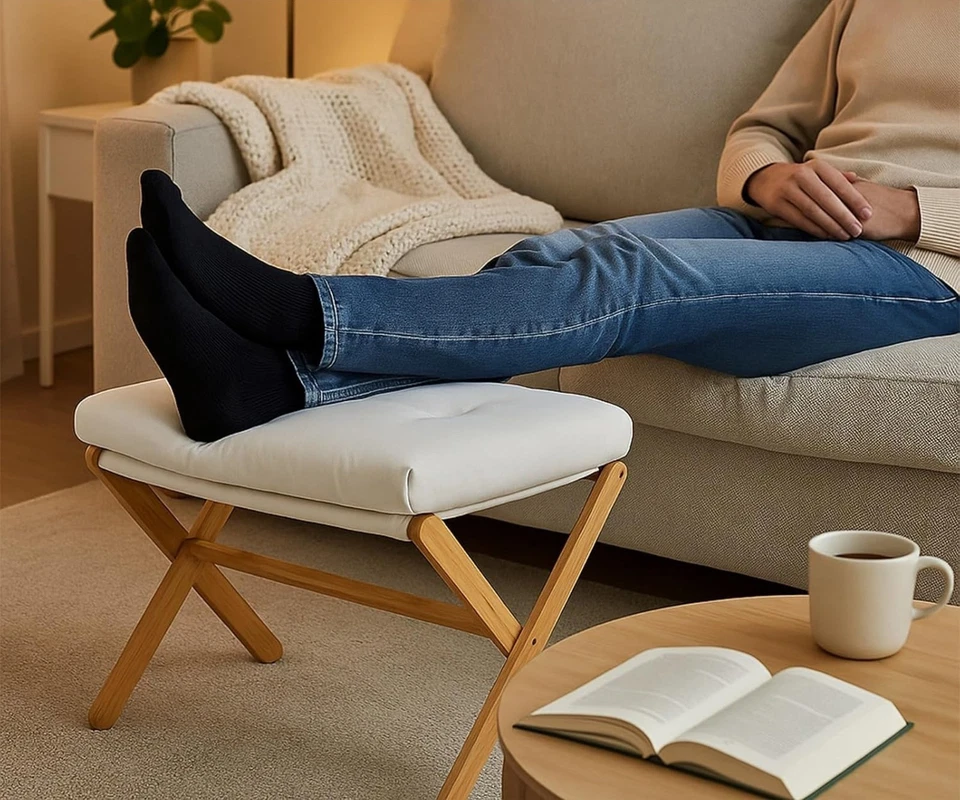 Modern Footstool Foldable Footrest Stool Wooden Leg Cushioned Seat Living Room - Image 4 of 4