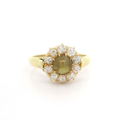 Antiker viktorianischer Gelbgold-Ring 1,59 kt Katzenauge alter Minenschliff Diamant Heiligenschein