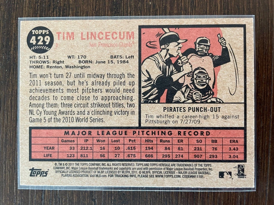 2011 Topps Heritage Tim Lincecum Short Print SP #429 - Image 2 of 3