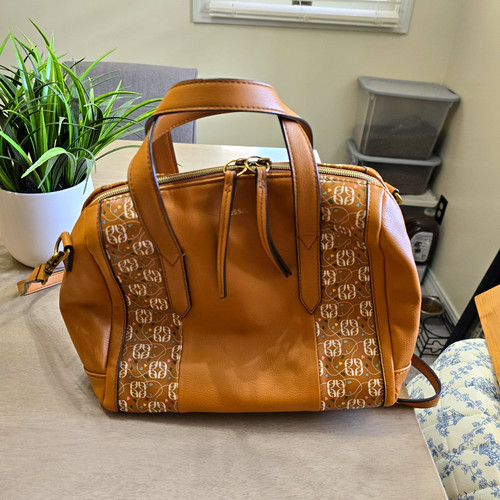 Fossil Tan Logo Satchel Top Handle Bag Zip Detachable Adjustable Strap Pockets