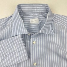 Ermenegildo Zegna Mens Blue White Striped Dress Shirt 17 43 Cuff Long Sleeve