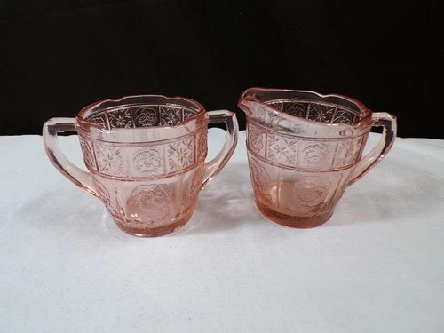 Jeannette Doric & Pansy Pink Depression Glass Childs Creamer & Sugar Bowl Set