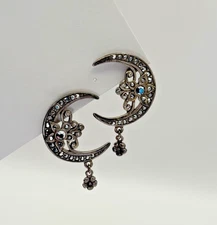 Kirks Folly Crescent Moon Rhinestone Earrings, Antiqued Silvertone, Post, 1.6"