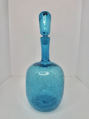 Vintage MCM Blenko Glass 657M Decanter In Turquoise Crackle 14  W/stopper 