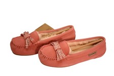 Bearpaw Cynthia 3110W Shoes Womens Size 7 Pink Suede Bow Moccasin Slippers