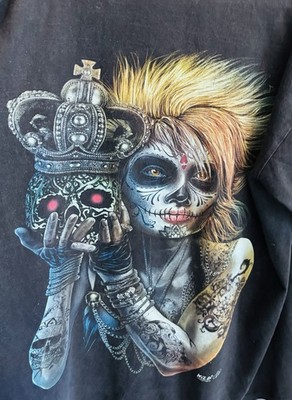 Gothic Emo Day Of The Dead Sugar Skull Queen T-Shirt - Wild Life Tattoo Art XL