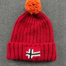 Cappello berretto rosso Napapijri taglia unica OS bandiera norvegese nastro polsini pom