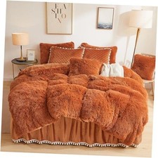 Terracotta Plush Shaggy Duvet Cover Set, Soft Velvet Fluffy King Burnt Orange