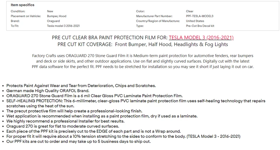 Tesla Model 3 Paint Protection Film Clear Bra PPF for 2017-2022 Bumper + Hood - Image 4 of 4