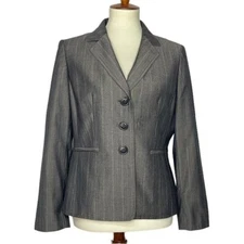 Kasper Blazer Womens 10P Petite Grey Brown Taupe Striped Wool Blend Jacket Lined