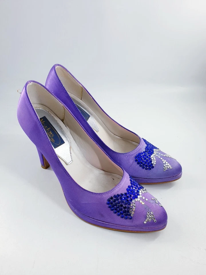 Meadows size 4 (37) purple satin diamante bow stiletto heel bridal court shoes - Image 2 of 4
