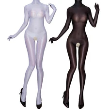 Women Glossy Ultra Thin Full Bodysuit Stretchy Bodystocking with 5 Finger Gloves