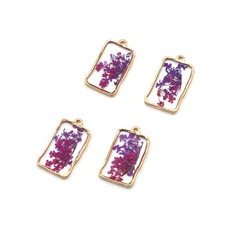 4PCS Gold Tone Real Dry Flower Resin Rectangle Charm Pendant Supply GBY215