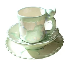  Vintage Ceramic Carousel Animal Theme White Green Child Dish Set Plate Bowl Cup