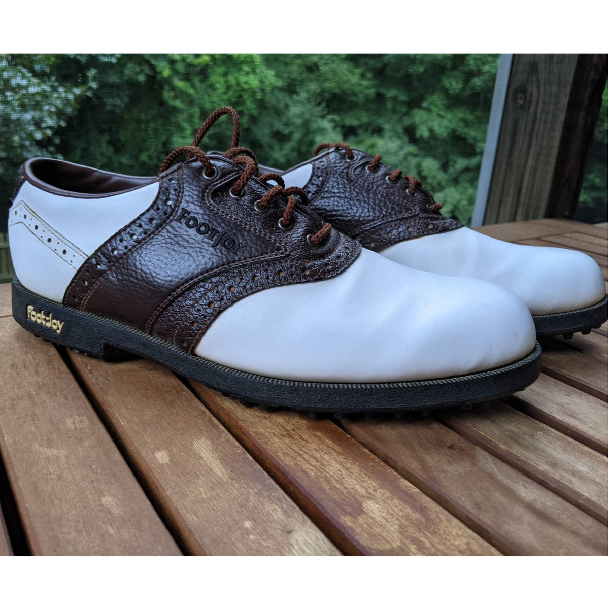 FOOTJOY FJ Greenjoy WHITE / BROWN SADDLE GOLF SPIKE SHOES  display picture 2