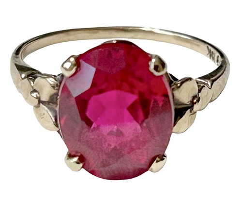 Synthetic Pink Ruby Sapphire 10K Yellow Gold Ring Antique Art Deco 6.25