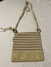 Sun N Sand Crossbody Purse/Handbag 9" x 9" Tan & Ivory Braided Strap w/Beads