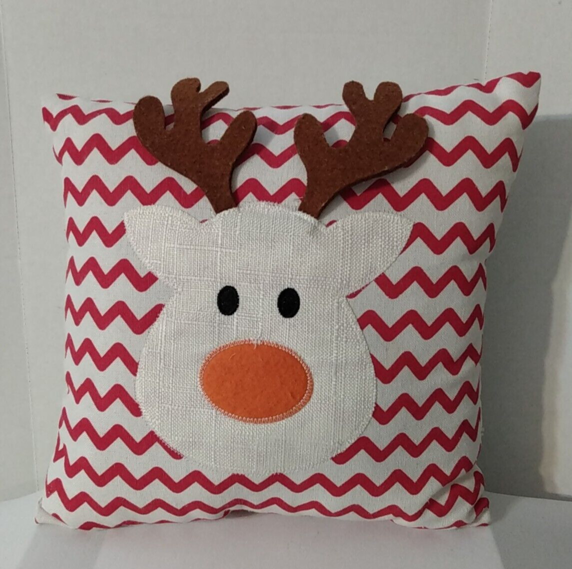 Dimensional Reindeer Red Zig Zag Background 10" Square Christmas Accent Pillow