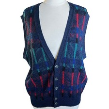 Vtg Plaid Knit Sweater Vest Eclectic Grandpa Preppy 90s Made in USA V-Neck