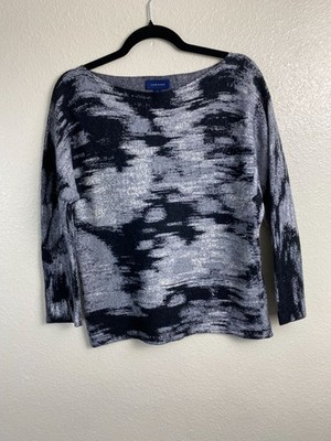 Colin Wang Knit Sweater Size Large Abstract Black Silver Boatneck Artsy Long sle
