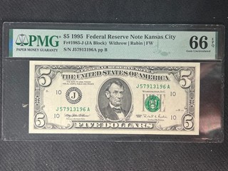 1995 Federal Reserve Note Kansas City 5 Dollars Fr#1985 J PMG 66 EPQ Gem UNC
