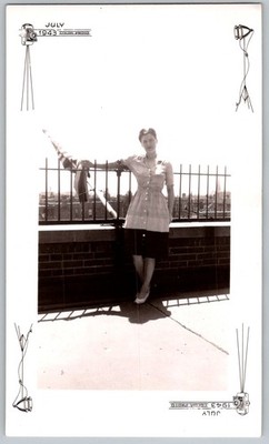 Vtg B&W Snapshot Woman In Button Down Dress On Rooftop With Us Flag 1943
