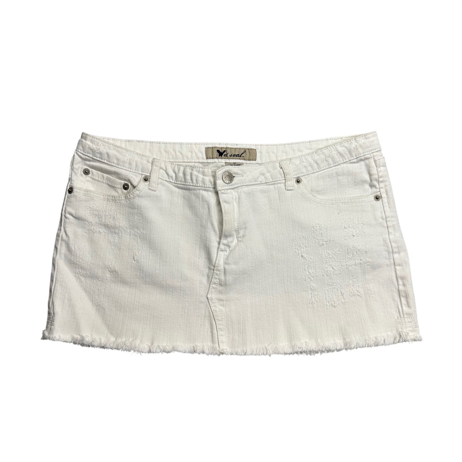 Wet Seal White Denim Mini Skirt Distressed Frayed Hem Low Rise Size 13 Y2K 2000s