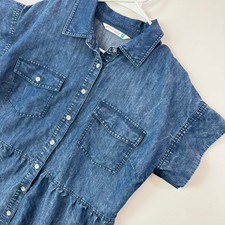 Given Kale Womens Medium Denim Tiered Shirt Dress Blue Short Sleeve Button Front
