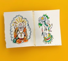 Vintage Traditional American Tattoo Shop Hand Drawn Colored Tattoo Flash Sheet