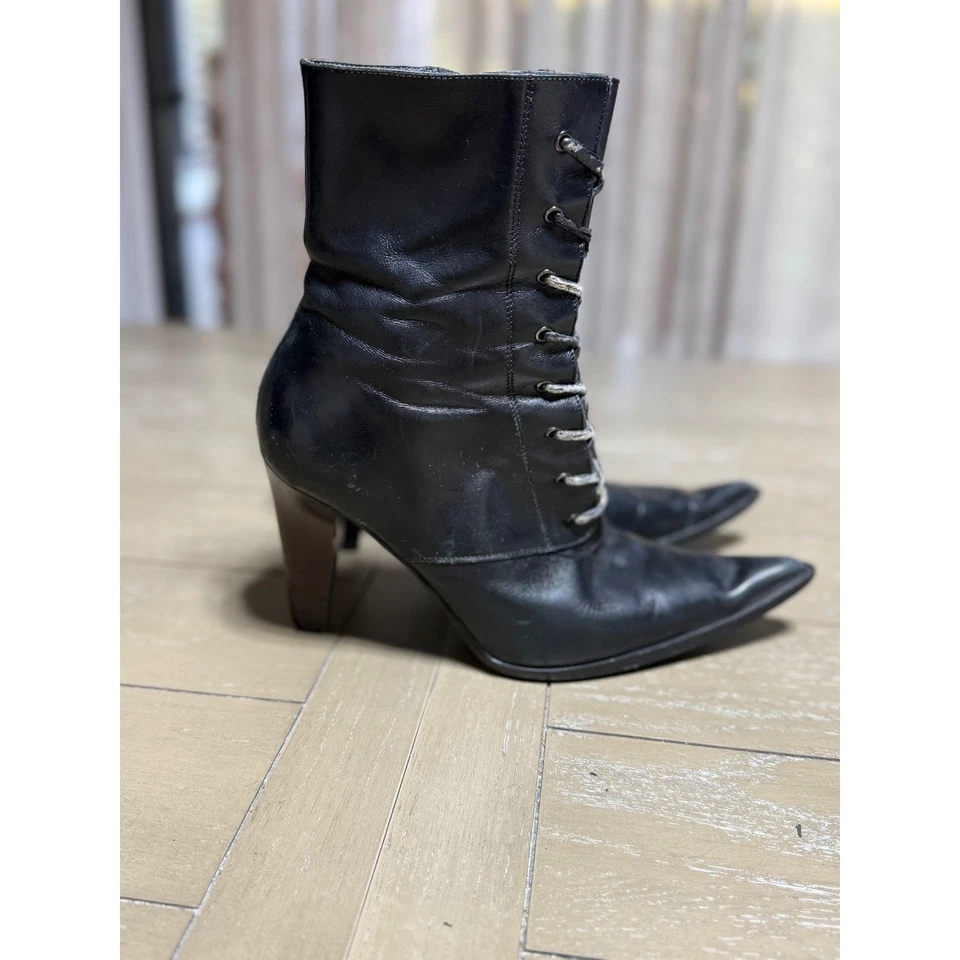 Angela Falzoni 高跟鞋女式 39 黑色皮革尖头系带拉链 — 第 3/4 张图片