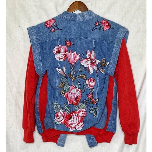 Braxton Denim Jacket Sweatshirt Combo Floral Appliques Graphics Size M 1980s - Picture 2 of 8