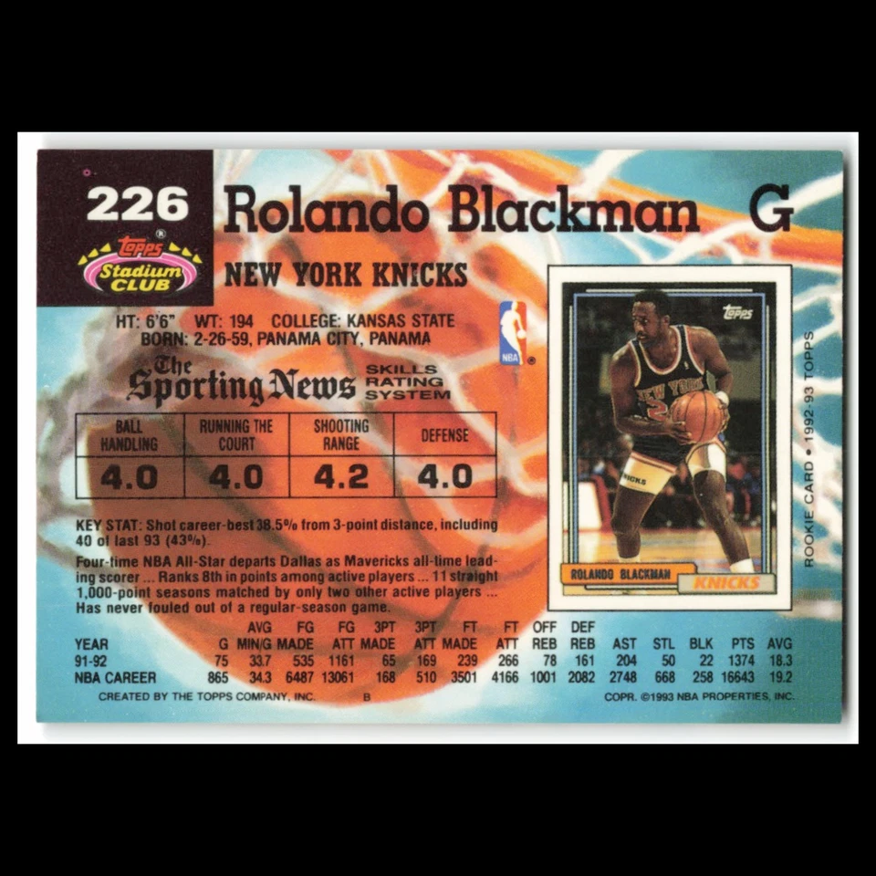 Rolando Blackman #226 1992 Topps Stadium Club New York Knicks Basketball Card NM - Image 2 of 3