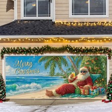 Beach-Themed Merry Christmas Garage Door Banner   Tropical Santa Claus with P...