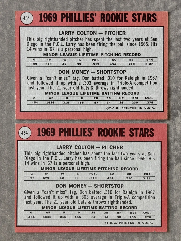 (2) 1969 Topps COLTON MONEY Phillies "White Letter" Variation Cards #454 lgm - Image 2 of 2