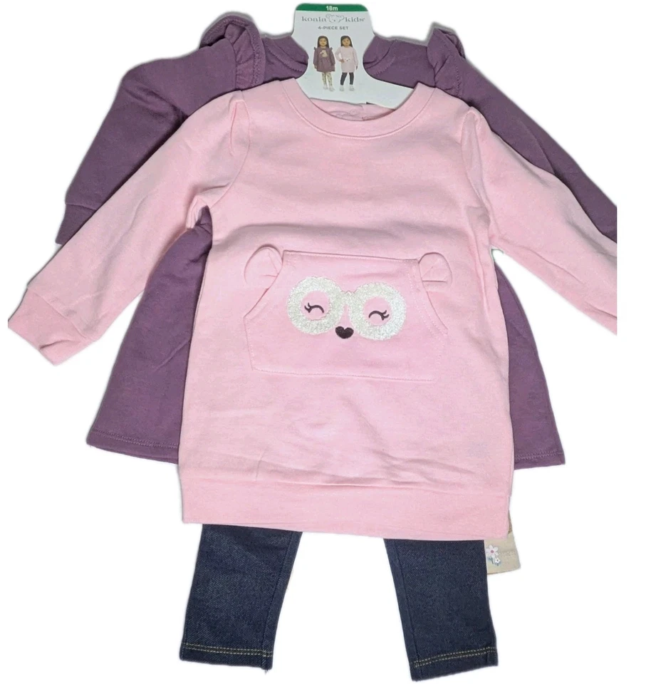 Koala New Kids Girls 4 Piece Set Purple Bear Pink Purple Sweaters Leggings 3T - Image 2 of 4