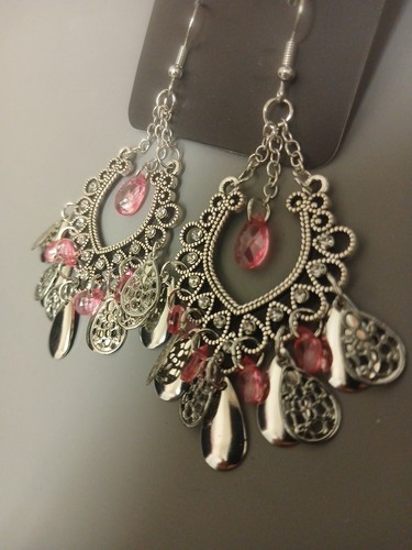 Paparazzi Silvertone And Pink Crystal Stoned, Dangle Drop Earrings 3 25" X 1 25" - Picture 4 of 8
