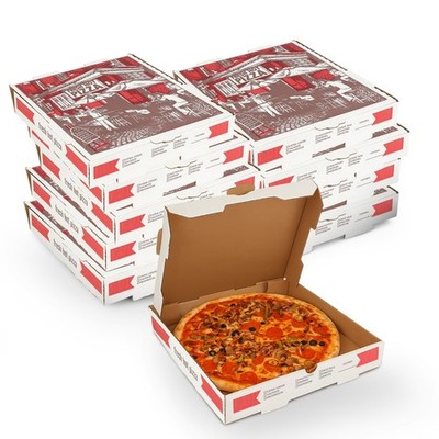 MT Products White and Red B-Flute Pizza Boxes 14'' x 14'' x 2'' - Pack of 50