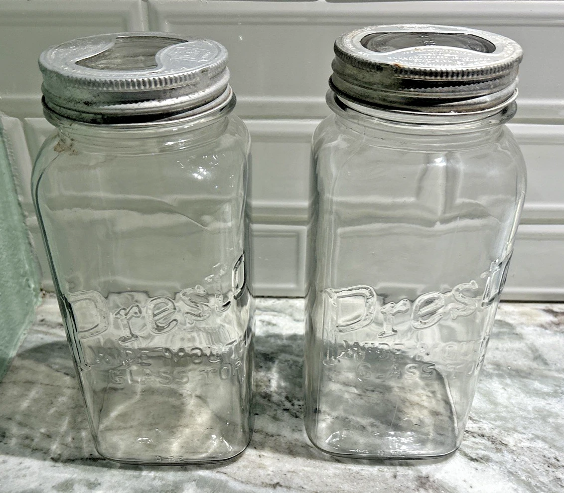 2 Vintage Presto Glass Top Wide Mouth Canning Quart Jars w/ Metal + Glass Lids