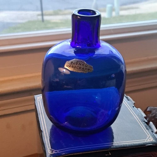 Blenko Hand Blown Blue Glass Decorative Bottle Glossy Solid Handmade