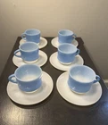 Vintage Blue & White Mosaic Fire King Cups And Saucers Stackable Made In USA