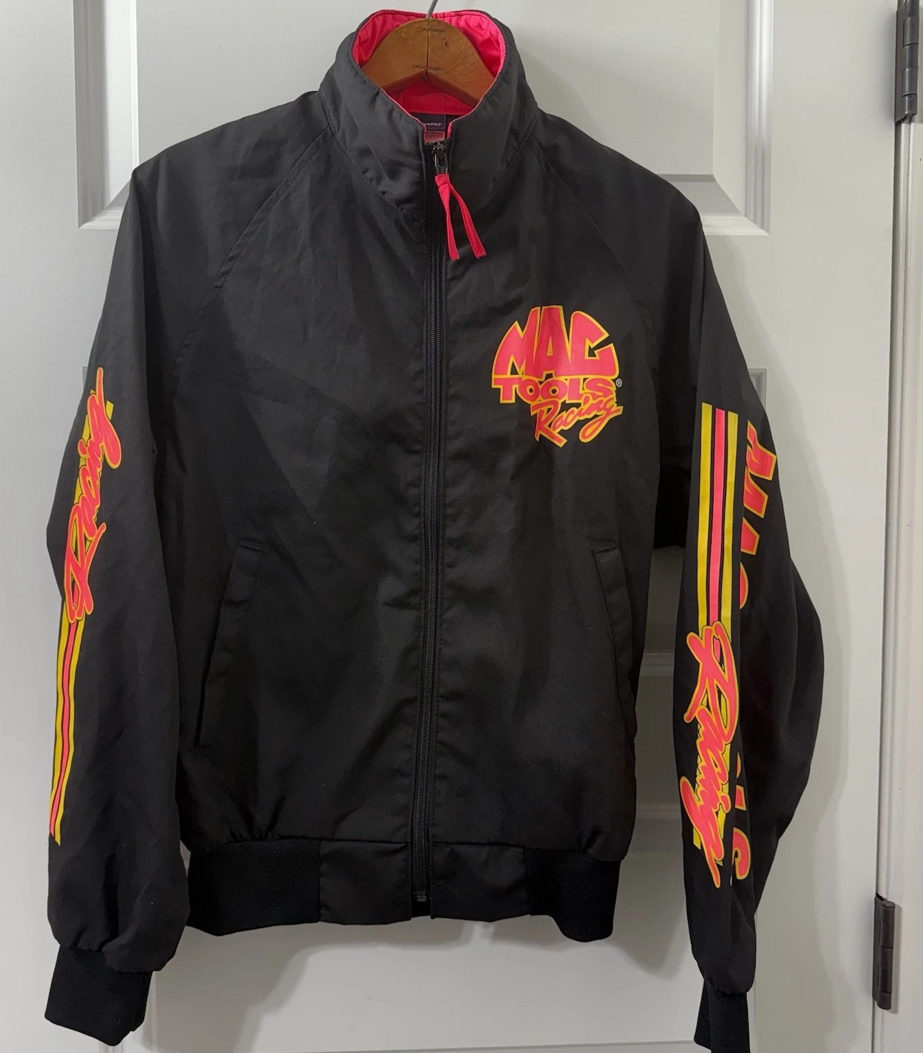 Vintage Mac Tools Racing Bomber Jacket SZ S Black Pink Neon 90’s Motorsport USA