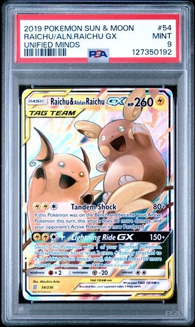 Raichu & Alolan Raichu GX 54/236 - Pokémon Unified Minds PSA 9 Mint