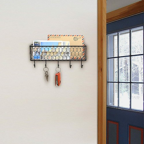 Estante de almacenamiento clasificador de llaves y correo montado en pared de metal con cesta de malla de alambre de pollo - Imagen 4 de 6