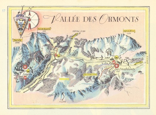 Vallée des Ormonts Diablerets Leysin small ski resort piste/trail map 1949