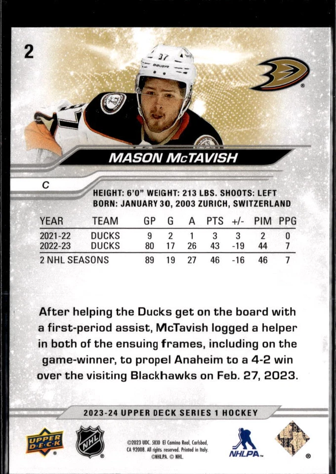 2023-24 Upper Deck #2 Mason McTavish - Image 2 of 2